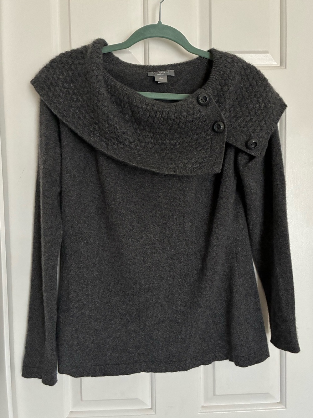 Ann Taylor 100 Cashmere Gray Shawl Collar Sweater Asymmetric Button Large